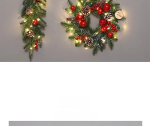 Close-up of a lighted Christmas wreath with pine cones, red berries and merry sign