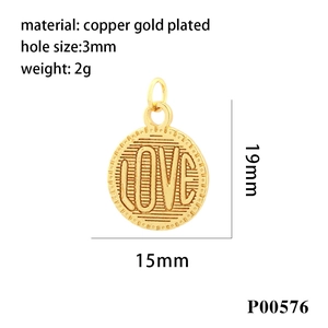 Gold-plated copper sunflower coin pendant with LOVE engraving and zirconia accents
