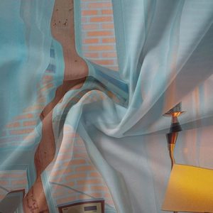 Detailed close-up showing soft fabric texture and surreal digital printing scenery