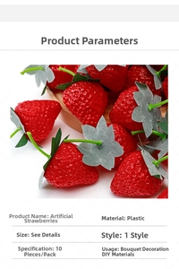 Macro shot of artificial red plastic strawberries with green leaves for floral DIY