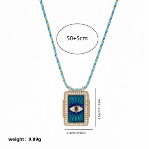 Bohemian evil eye tarot pendant necklace with dimensions and blue woven rope chain