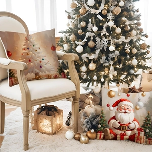 Christmas snowman and Santa linen pillow covers on white chair by a festive tree