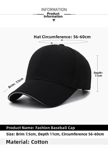 Detailed size specifications for black cotton baseball cap with brim and crown measurements