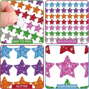 Multicolor glitter star stickers featuring easy-to-peel design for rewards and crafts