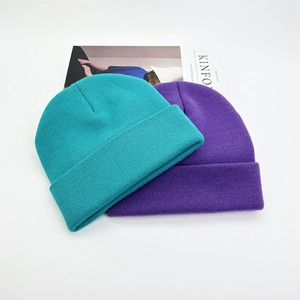 Double-layered knitted beanie hats in teal and purple, casual warm winter headwear