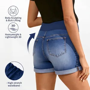 High-waist maternity denim shorts in dark blue with high-stretch comfort waistband