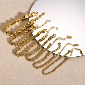 Golden stainless steel twisted rope chain bracelets set in six different thickness sizes