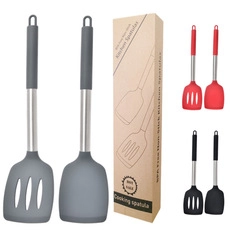 Close-up of BPA-free non-stick silicone spatulas with stainless steel handles and packaging