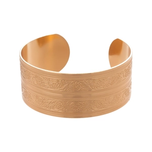 Chic gold-plated cuff bracelet featuring intricate vintage floral patterns and an open design