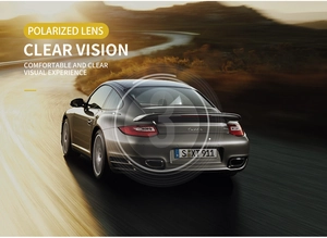 Close-up of polarized lens technology showing clear road vision and glare reduction