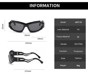 Detailed technical diagram showing futuristic hollowed sunglasses measurements and PC frame specs