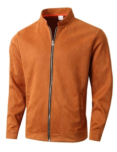 Detail of faux suede jacket with stand collar, metal zipper, and textured fabric