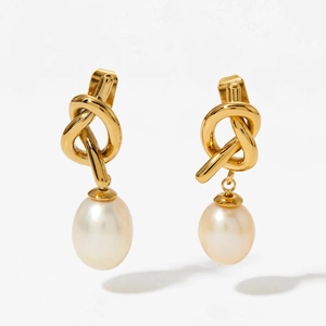 Elegant natural freshwater pearl drop earrings with minimalist gold knot design for women
