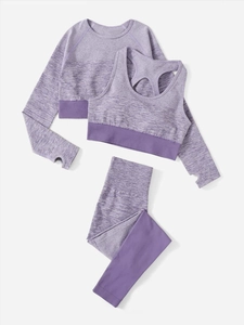 Ensemble de yoga trois pièces violet chiné sans couture avec détails en tricot