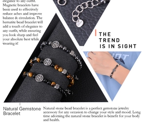 Close-up of stainless steel cross pendant and natural stone beads on men's bracelet set