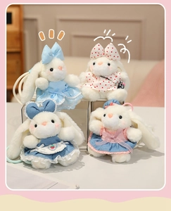 Close-up of assorted plush bunny pendants in cute colorful dresses for bag charms