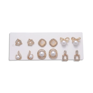 12-piece set of elegant gold-plated stud earrings with pearls, crystals and cat-eye stones