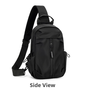 Detail of waterproof black oxford sling bag with side drawstring pocket and padded strap