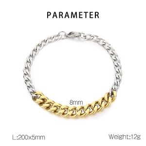 Detail of 8mm two-tone Cuban link bracelet showing silver and gold plating segments