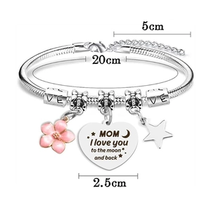 Silver snake chain bracelet with pink flower, MOM heart pendant, and star charms