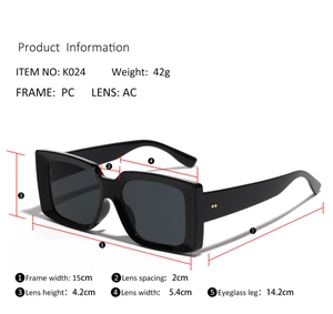 Detailed size chart for black oversized square sunglasses showing frame dimensions