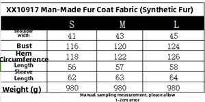 Detailed size chart for faux fur jacket showing dimensions for S, M, and L sizes