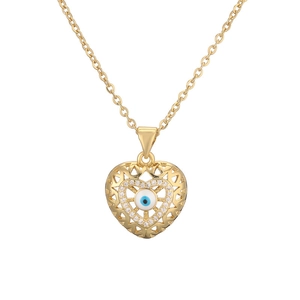 Gold plated heart necklace featuring a hollow evil eye pendant and crystal accents