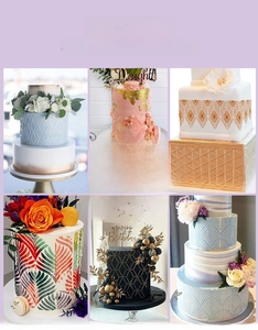 Macro view of geometric wheat and honeycomb stencils for cake decoration designs