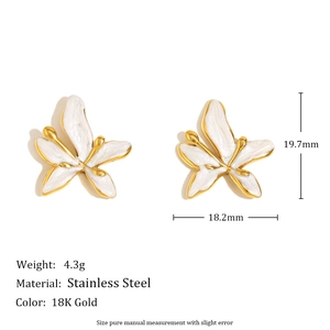 Minimalist 18K gold plated stainless steel butterfly earrings with oil drip flower detail