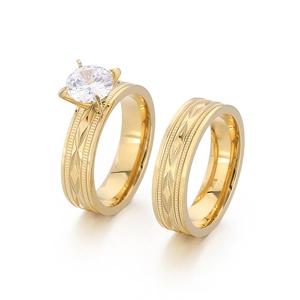 Geometric Rhombus Texture Stainless Steel Ring With Round Cubic Zirconia Solitaire Jewelry For Women And Men