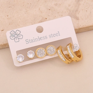 Three pairs of gold stainless steel stud earrings with glittering cubic zirconia stones