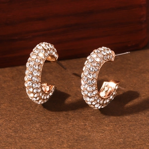 Fashion rose gold C-shaped hoop earrings with sparkling crystal rhinestones inlay