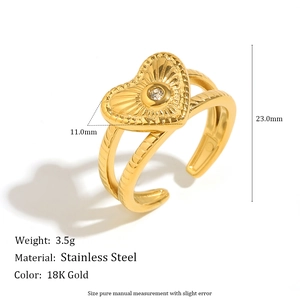 Bague ouverte coeur plaquée or 18K en acier inoxydable avec spécifications de taille