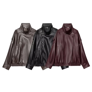 Veste En Cuir PU Pour Femmes Col Montant Manches Longues Texture Litchi Vintage Biker Vêtements De Sortie Coupe Ample