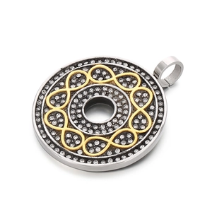 Retro circular figure-8 rhinestone pendant in silver and gold two-tone stainless steel
