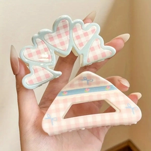 Sweet floral plaid bow hair claw clips for women set in blue and pink pattern