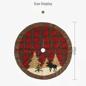 Red and black buffalo plaid Christmas tree skirt with 105cm size display and elk embroidery