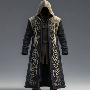 Navy blue medieval hooded cloak with Tree of Life embroidery and Celtic patterns