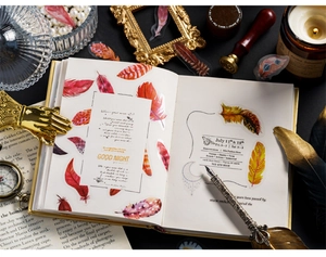 Retro feather PET stickers for journaling, displayed with vintage pens and seals on paper