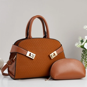 Elegant tan woven leather tote and matching pouch set with golden metal buckle accents