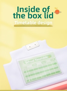 Detail of multi-functional stationery box showing internal lid slot and school timetable card