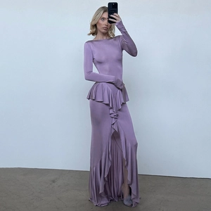 Elegant lavender backless long dress with ruffled waist and side slit details