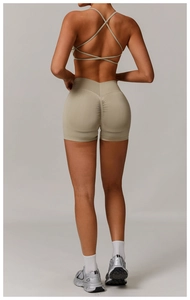Close-up of seamless yoga set back design with scrunch butt shorts and cross straps