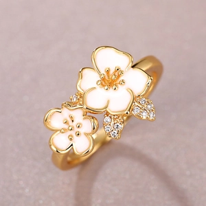 Elegant White Enamel Camellia Flower Ring For Women Sweet Copper Zirconia Floral Adjustable Finger Ring Jewelry Gift