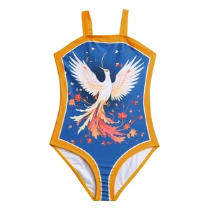 Girls' competitive one-piece swimsuit in blue with phoenix print and yellow trim
