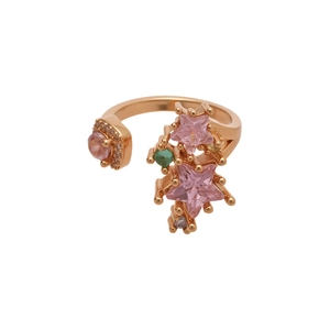 Elegant star-themed open ring with pink star-shaped stones and colorful zircons