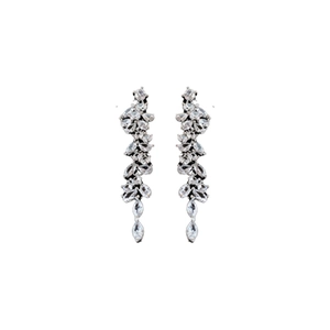 Elegant long leaf-shaped silver earrings with sparkling white teardrop cubic zirconia