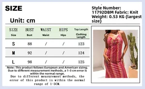 Size chart for halter backless striped knit maxi dress in pink print with measurements