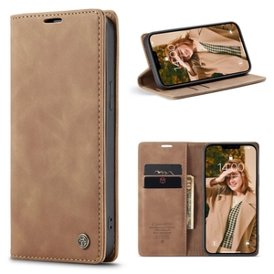 Brown leather flip wallet case with card slots and stand function for iPhone and Samsung