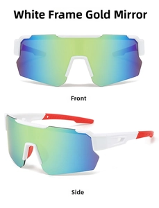 Close-up of white frame cycling glasses with golden mercury lenses from front and side view